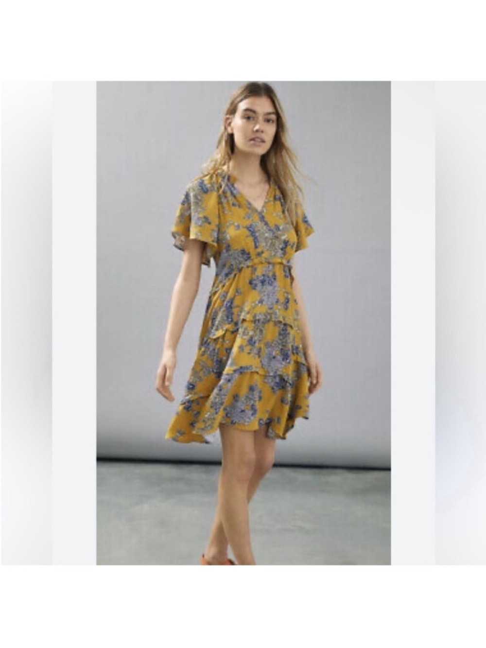 Anthropologie Mustard gold paisley robin tiered mini dress flutter sleeve small